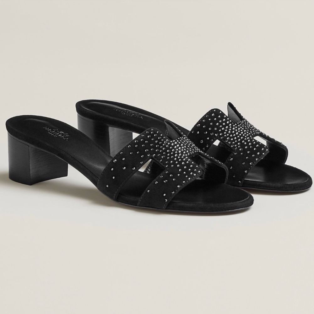 Hermes Women's Black Embellished Oasis Heel Sandals - Size 38.5 EU, 8.5 US